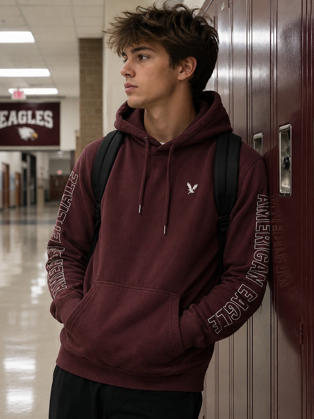 American Eagle Super Soft Hoodie Men's M Burgundy Spellout Sleeve Pullover